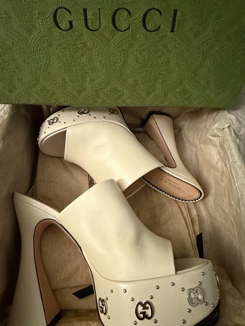 Gucci Mystic White Platform Slide Mules w/ Studs & Interlocking G - Size 9 - Picture 6 of 6